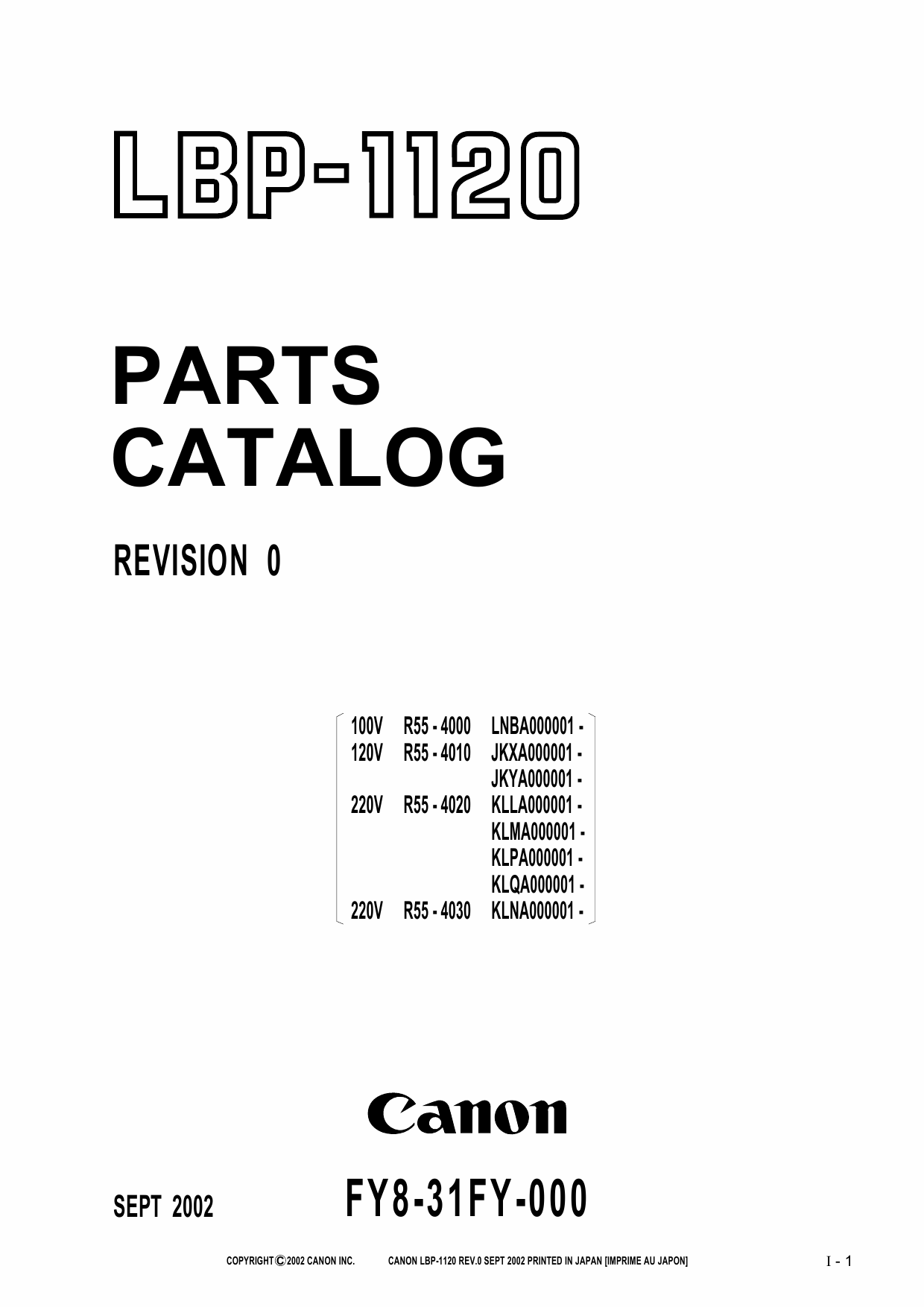 Canon imageCLASS LBP-1120 Parts Catalog Manual-1